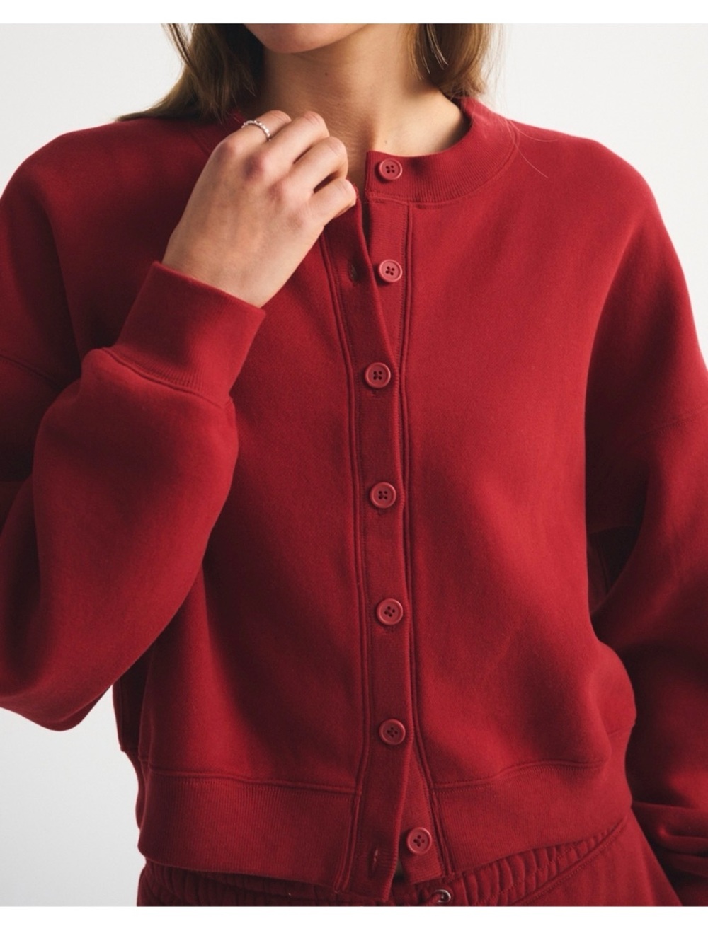 Abercrombie & Fitch Sunday Shrunken Crew Cardigan Sweater Red Sweatshirt - Picture 2 of 9
